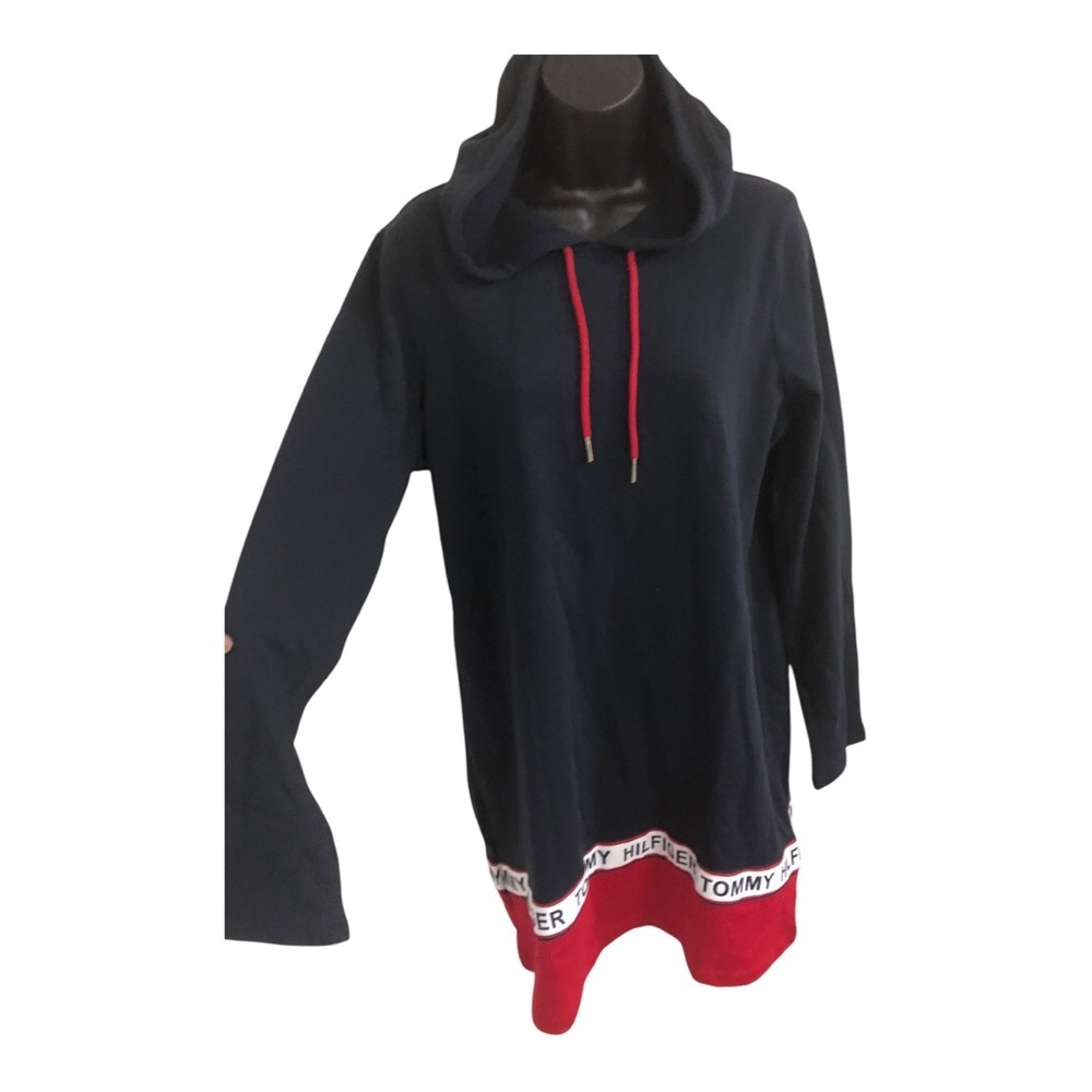 Tommy Hilfiger dark navy blue red stripe tunic style hoodie dress size large new